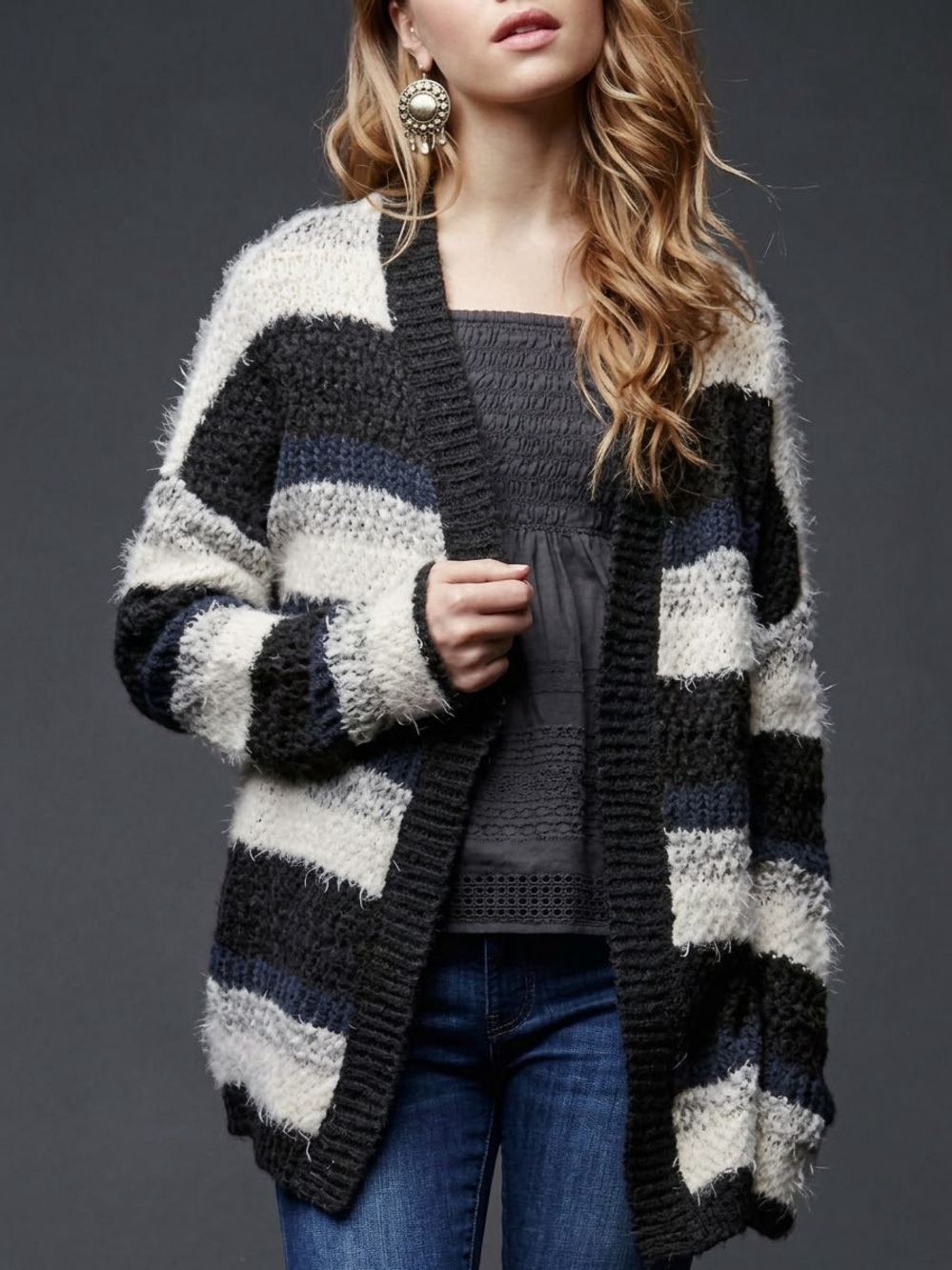 House Of Harlow Striped Black Blue Beige Gray Relaxed Knit Cardigan OS